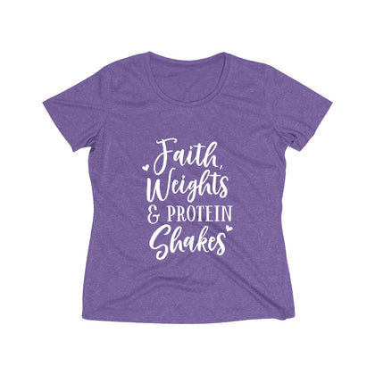 Faith, Weights And Protein Shakes | Women's Heather Wicking Tee